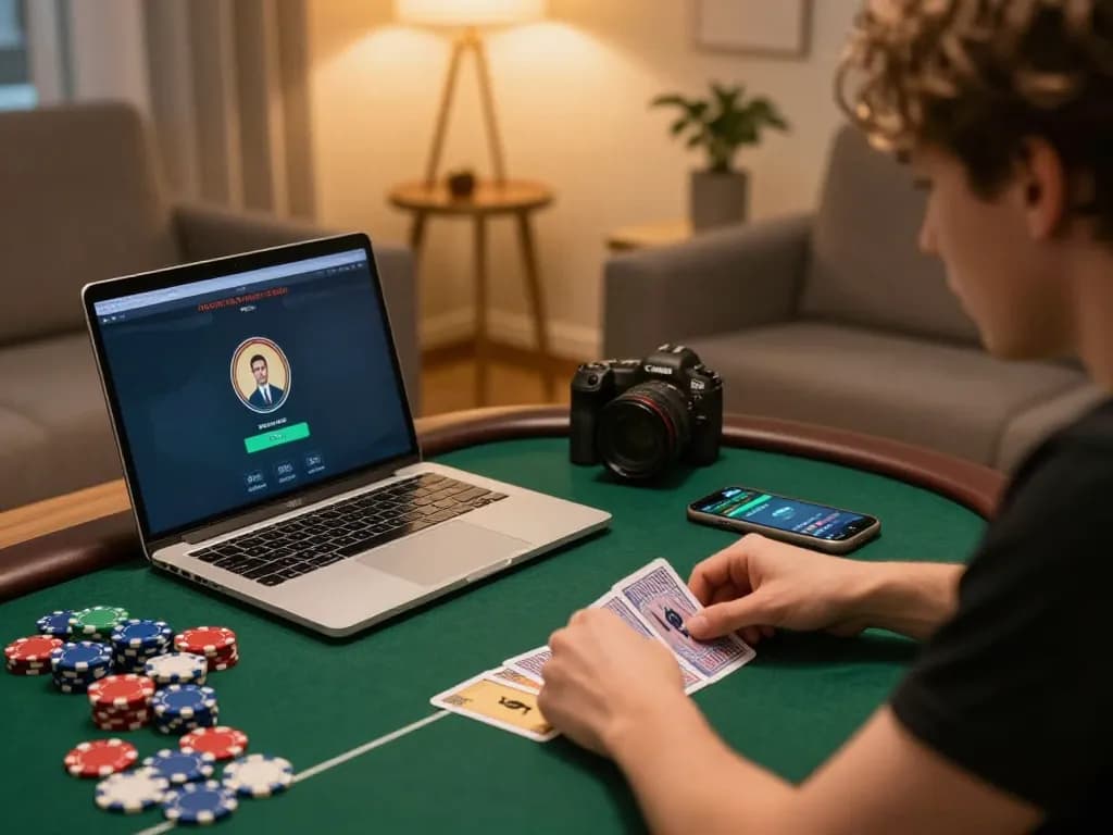 Player engaged in online poker game at home with RR88 app on display, creating an immersive gaming experience