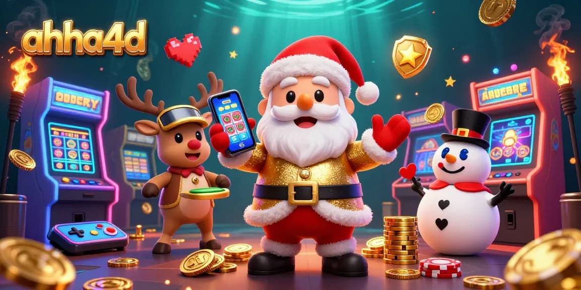 Mengambil jackpot di ahha4d dengan Santa Claus dan teman-temannya di kasino yang cerah dan penuh warna.