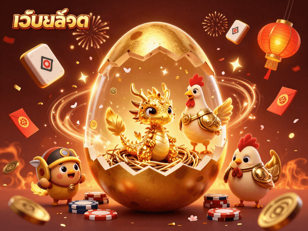 Experience the thrill of เว็บสล็อต with a dynamic scene of a golden dragon and casino elements.