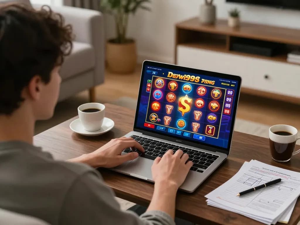 Pemain Dewi999 berinteraksi dengan permainan kasino online yang cerah dan catatan strategi di rumah.