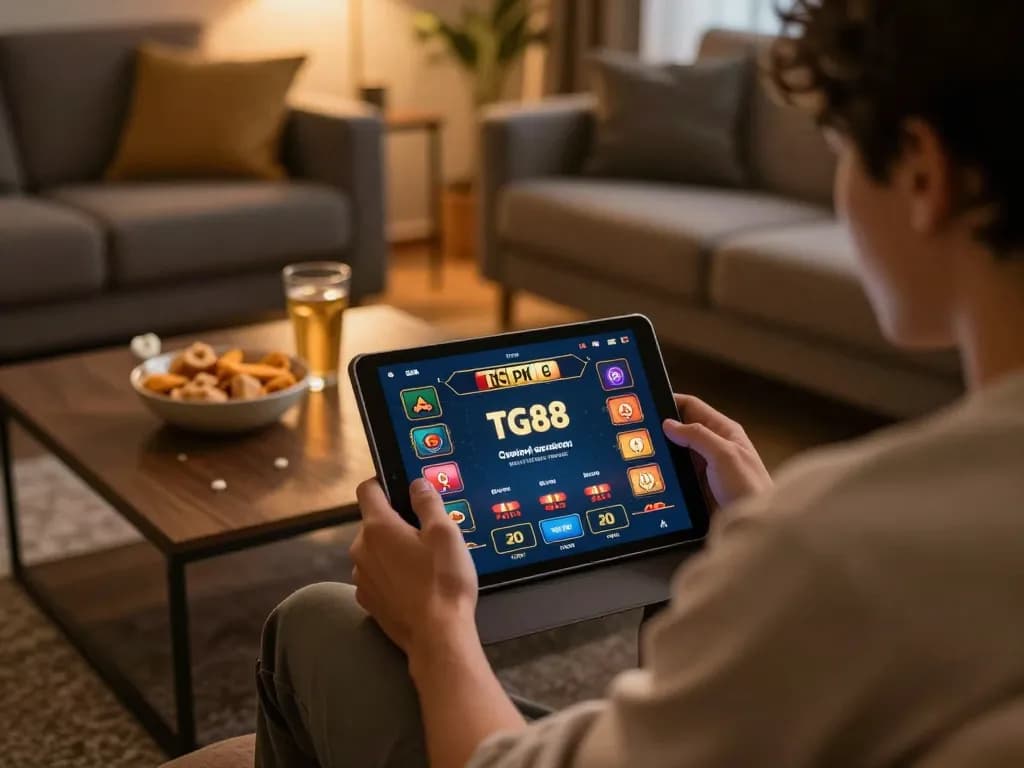 Player enjoying online casino gaming with TG88 app in cozy home setting, tablet displaying bets.