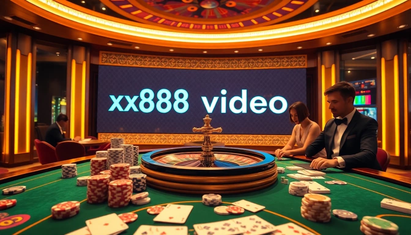 Exciting poker game at XX88 video casino with vibrant lighting and glamorous players.