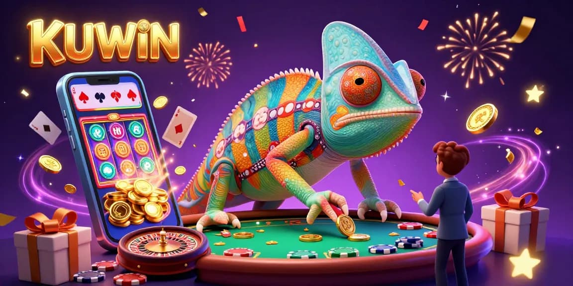 Experience winning moments at KUWIN with the vibrant chameleon casino character in a lively 3D illustration.