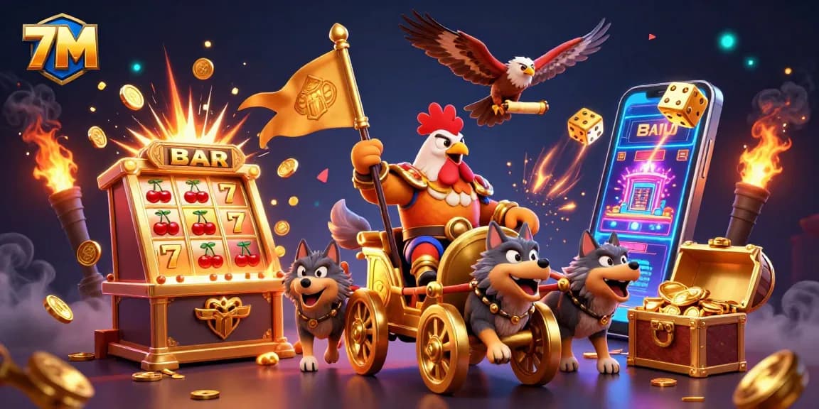 Experience thrilling gameplay with 7M's vibrant casino scene showcasing a dynamic slot machine and golden elements.