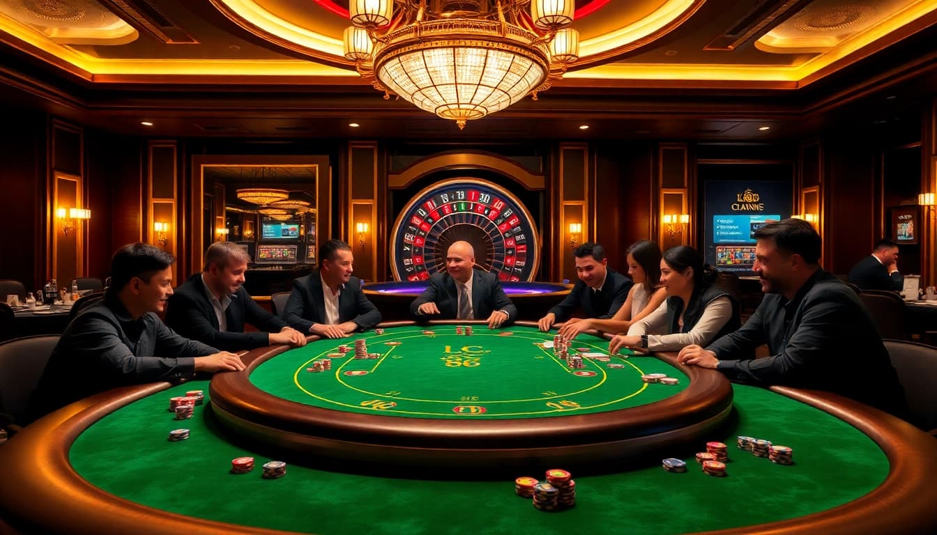Engaged players at LC88's professional poker table in a luxurious casino setting.