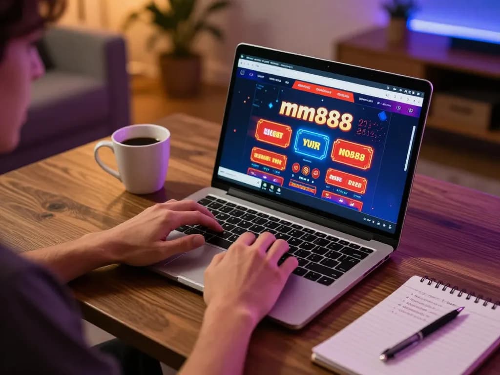 Engaging home gaming scene with mm888 casino interface on laptop, showcasing responsible gambling.