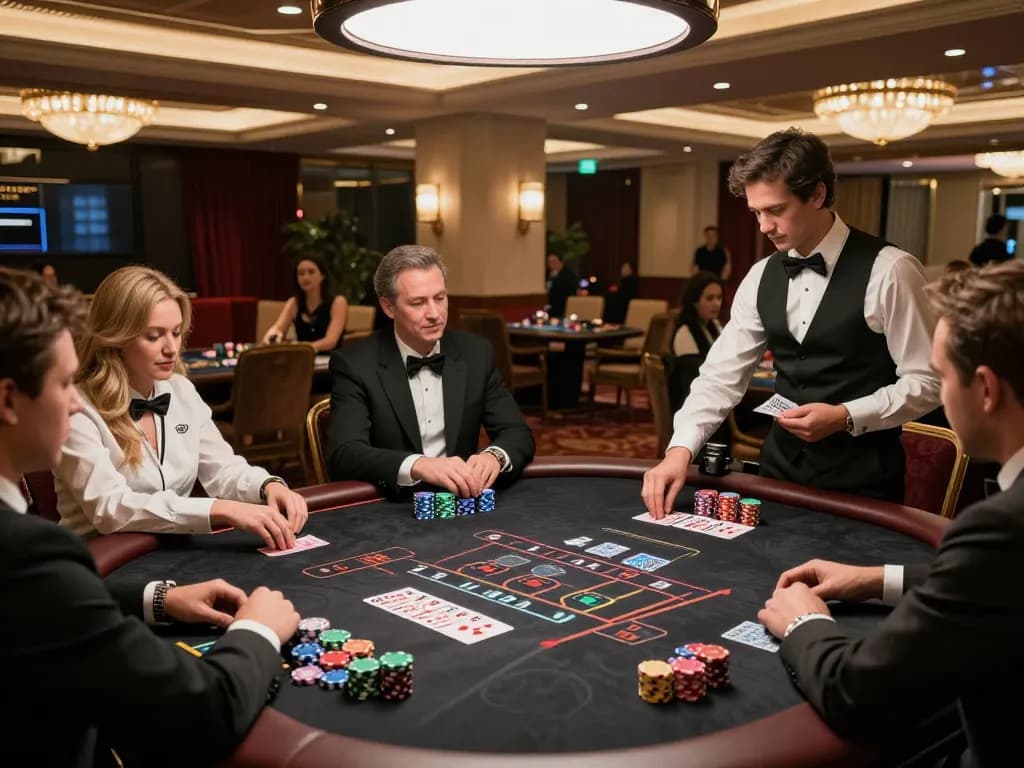 Players strategically placing bets at a bandar toto blackjack table in a luxurious casino.