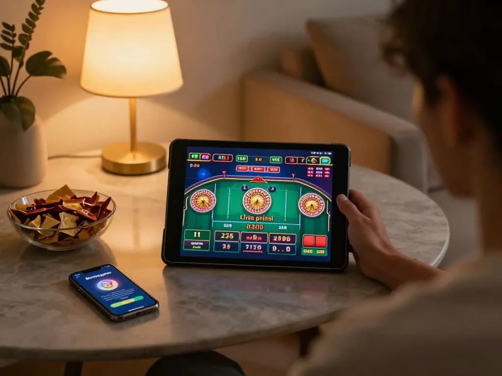 Pengguna Bintangmpo yang terlibat dalam permainan roulette online di tablet dalam suasana ruang tamu yang nyaman.