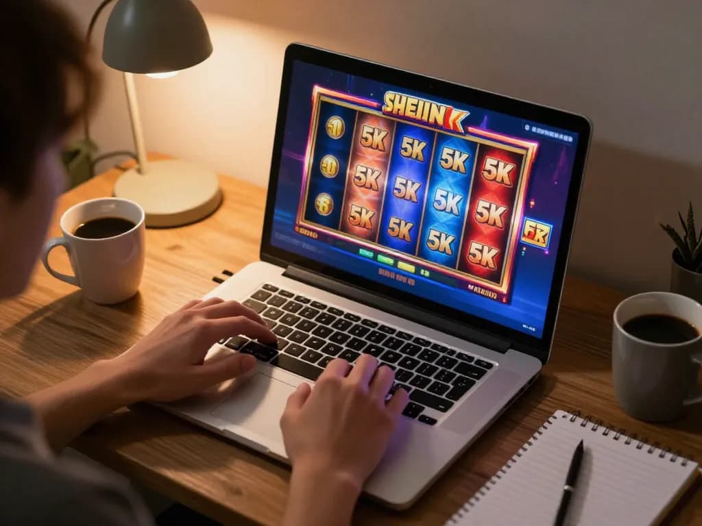 Player engaging with slot 5k games on laptop in a cozy home atmosphere, showcasing strategy and enjoyment