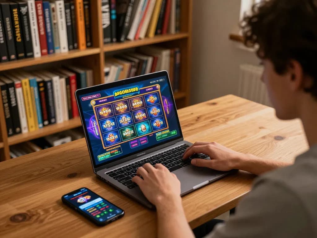 Player enjoying agenslot188 online slots on a warm home office desk