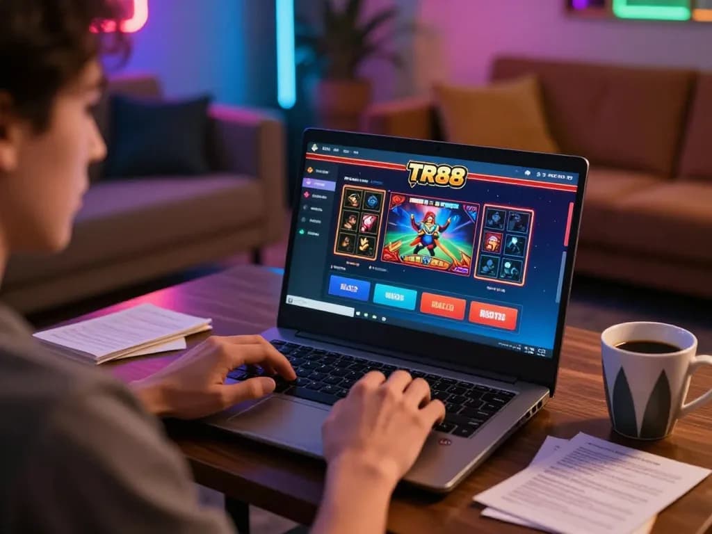 Player engaging in the TR88 online casino, focusing on the gaming interface with strategic notes surrounding.