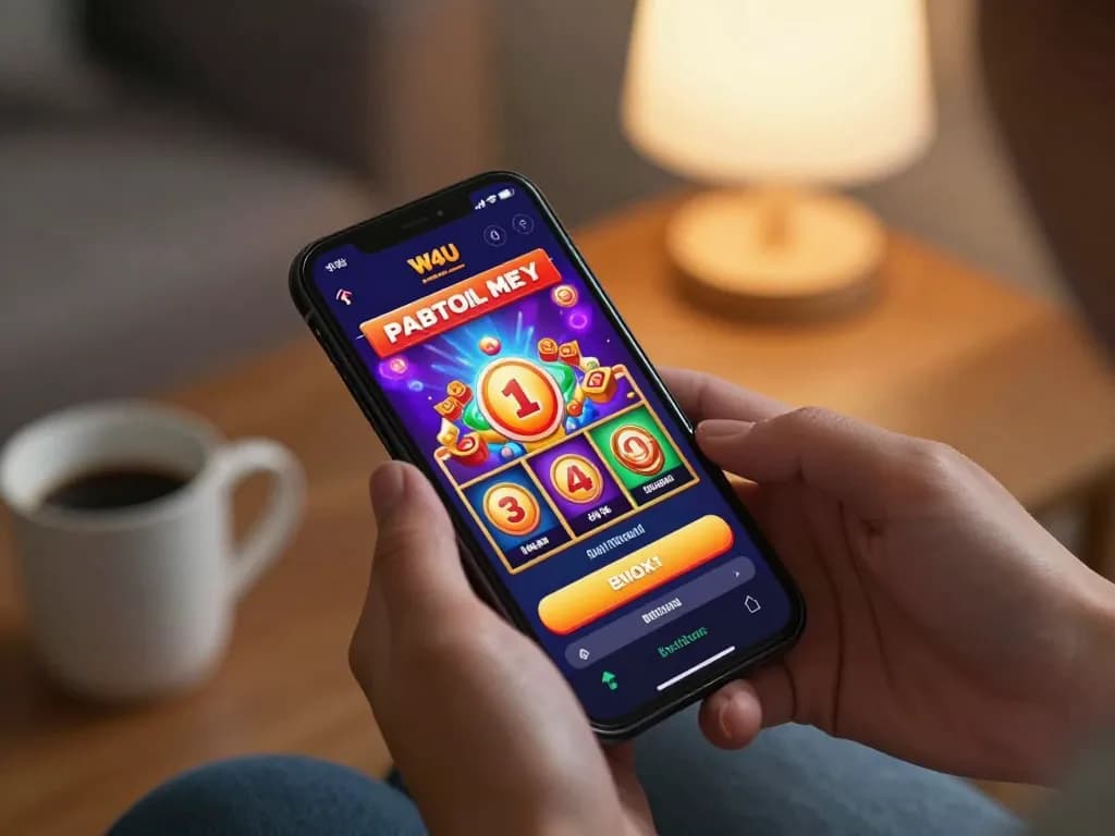 Engaging W4U casino mobile app interface with slot game action, showcasing daily bonuses.