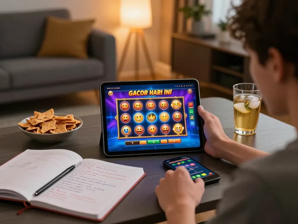 Engaging player enjoying slot gacor hari ini games on tablet with snacks and notes nearby.