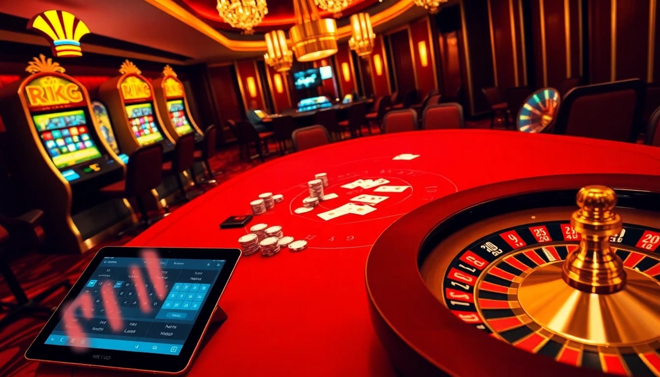 Experience the excitement of Rik vip with a luxurious casino scene featuring poker, slots, and roulette.