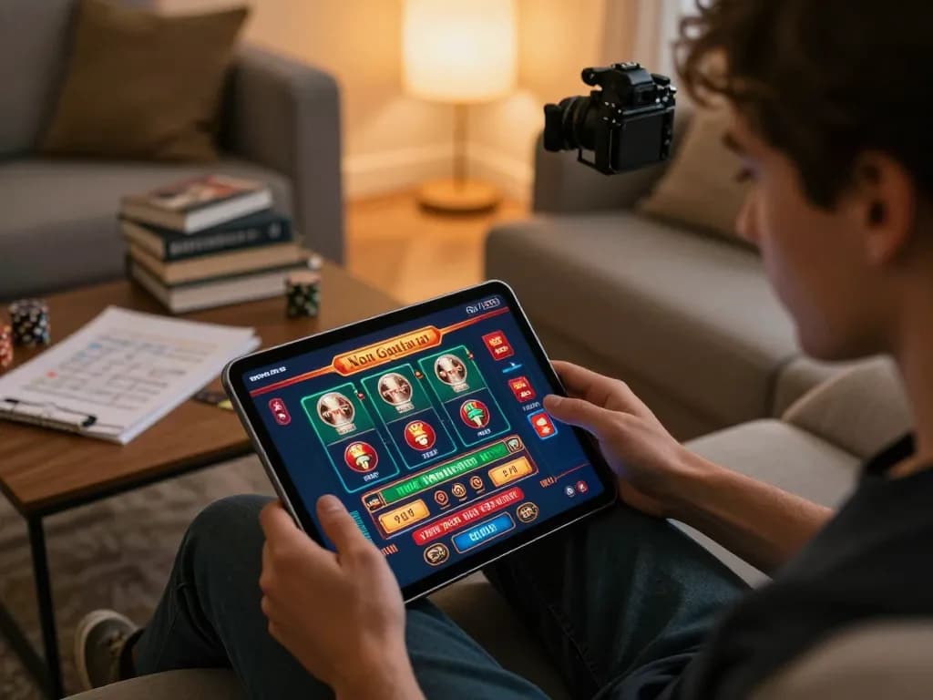Engaging gameplay on non gamstop casinos displayed on tablet, with player enjoying a home gaming atmosphere.