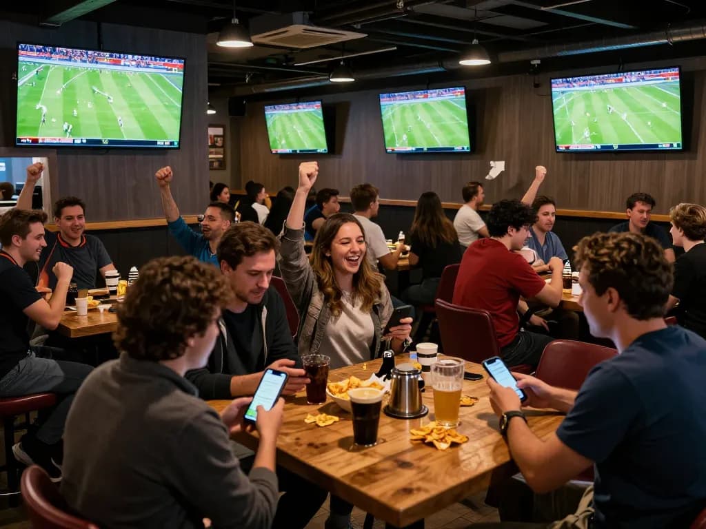 Cà Khịa TV fans engaging in sports betting while watching live matches in a bustling sports bar.