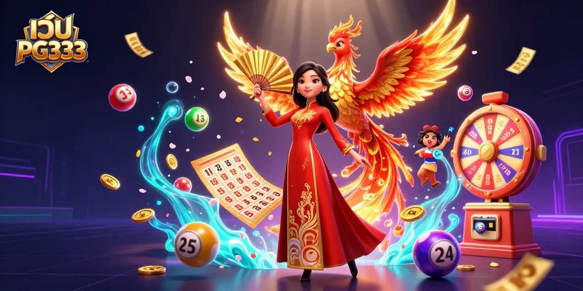 Play exciting games at เว็บ PG333 with stunning visuals and dynamic lottery elements in a vibrant scene.