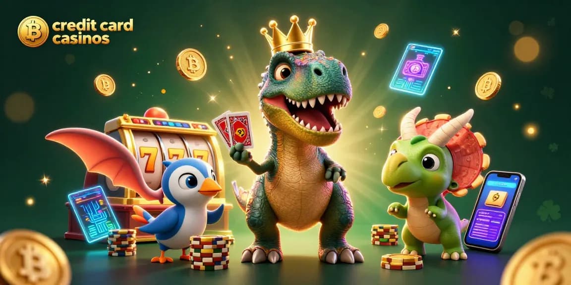 Engage with credit card casinos through this vibrant scene featuring a T-Rex and friends playing cards and stacking chips.