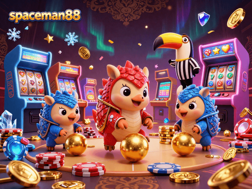 Experience excitement at spaceman88 as rival pangolins compete amidst vivid gaming elements and casino symbols.