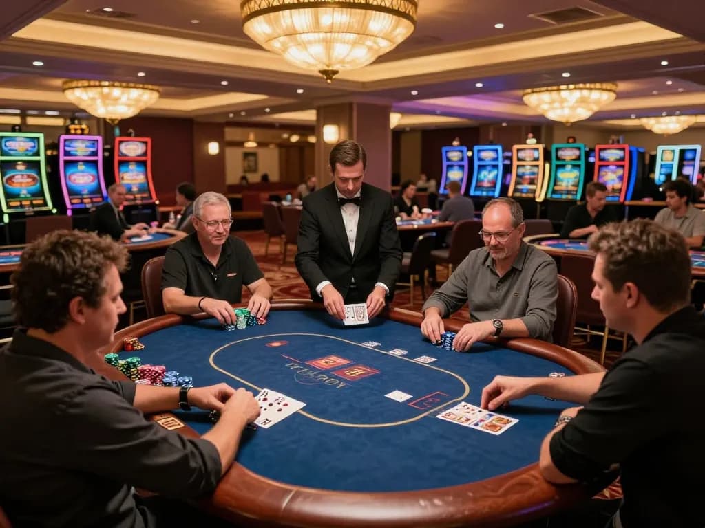 68win players engaged in an intense poker game, showcasing vibrant casino atmosphere and exciting interactions.