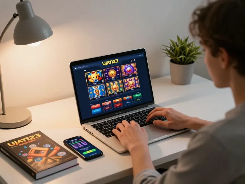Pemain Ulat123 terlibat dalam permainan kasino online di laptop di ruang kerja ergonomis, menekankan taruhan strategis.