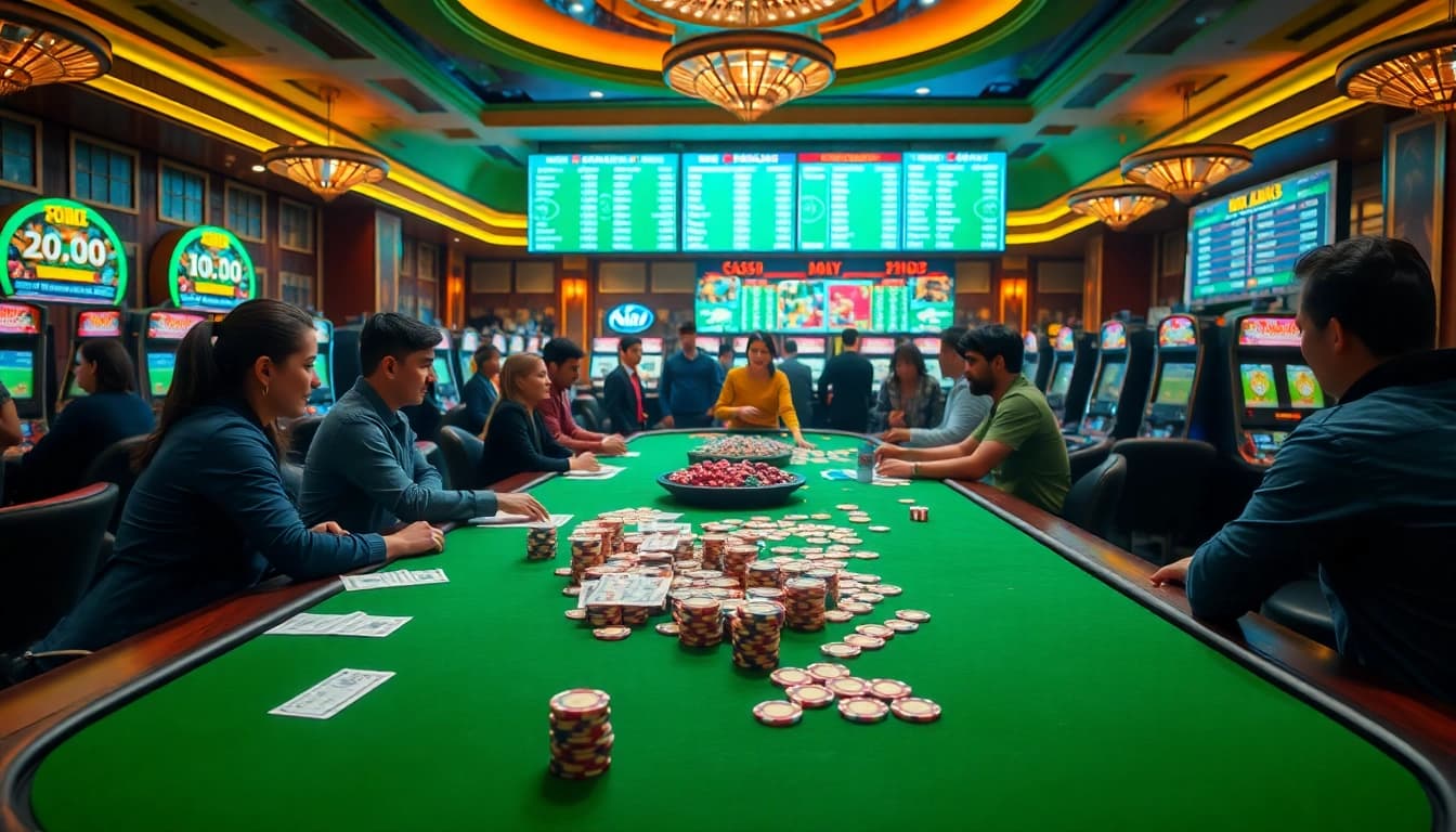 Exciting Judi Bola action with vibrant betting slips and poker chips in a casino environment.