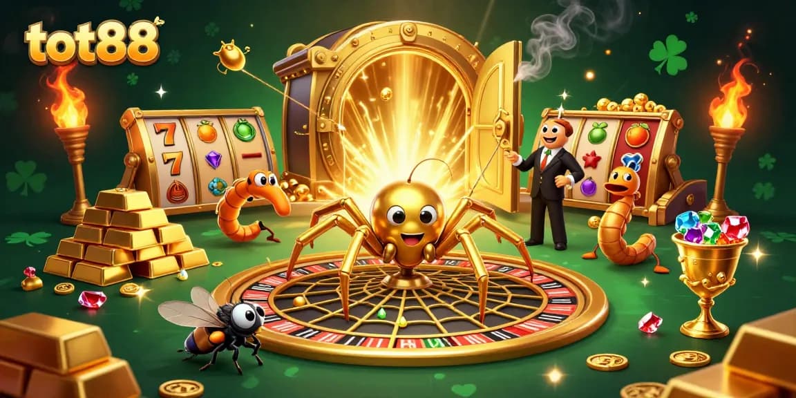 Spin the roulette and win at tot88 in this colorful 3D casino scene filled with treasures.