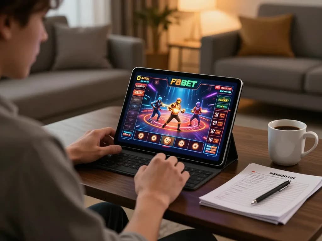 F8BET player analyzes strategies while gaming on a tablet in a comfortable living room