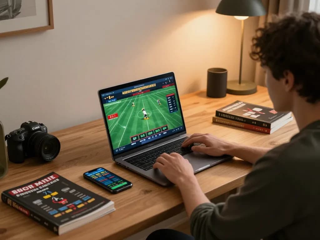 Betting strategies in action on MK8 online platform, showcasing a laptop screen with sports odds and a thoughtful player