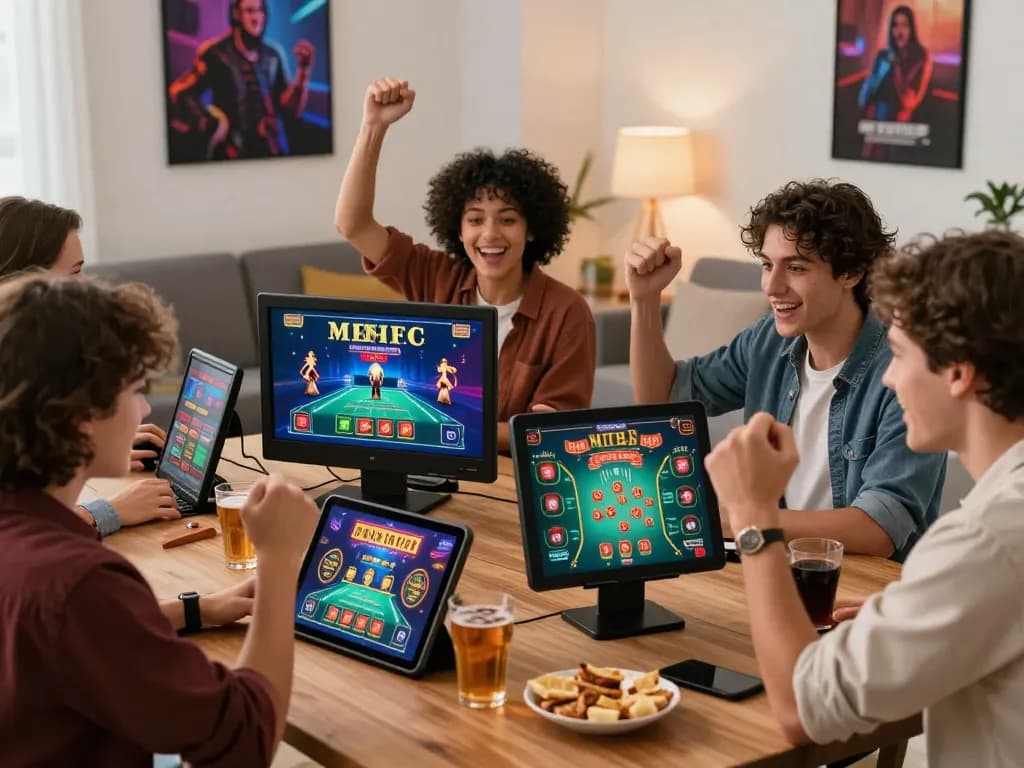 Group enjoying an online casino experience featuring hm88 vip, vibrant games, and a cozy atmosphere.