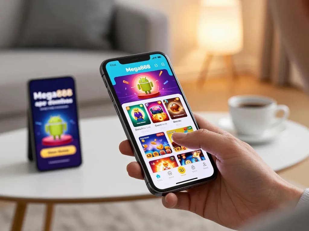 Mega888 apk download for android mobile shown on smartphone, engaging with vibrant casino gameplay in a cozy home setting.