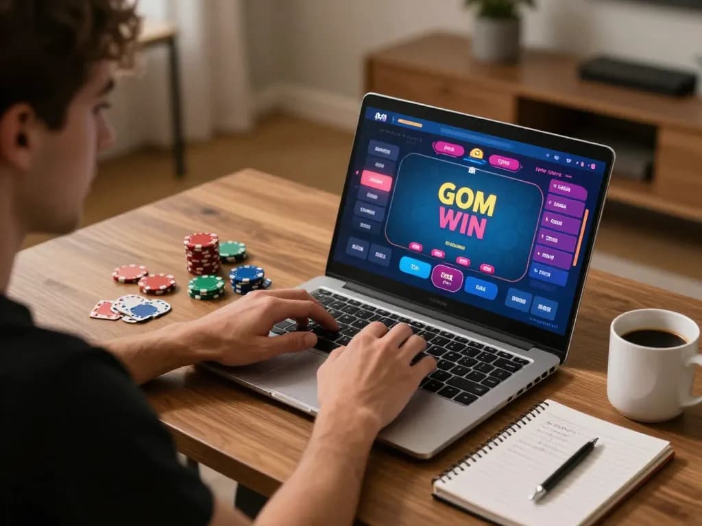 Engaged player enjoying GEM WIN poker on laptop in cozy home setting with strategy notes