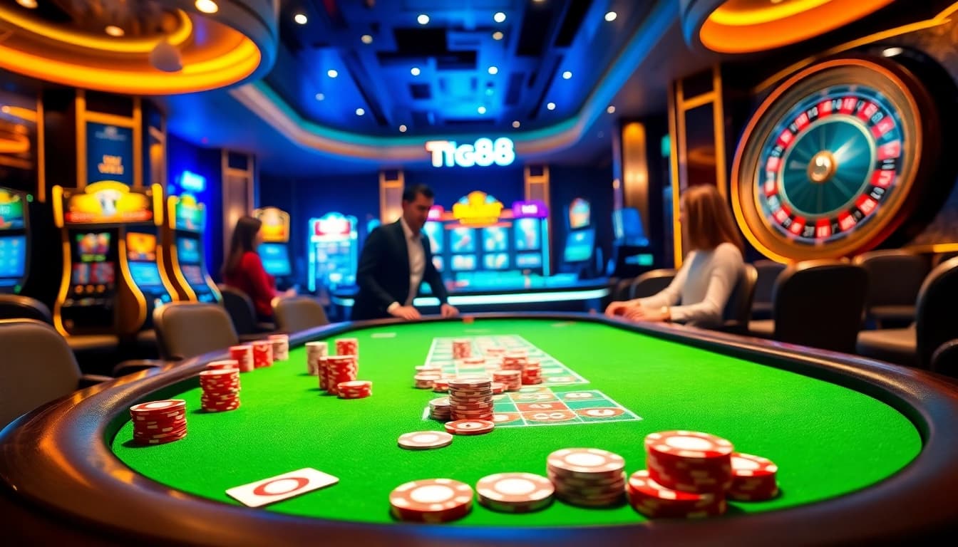 Experience the excitement of tg88 đăng nhập while playing at a vibrant casino table surrounded by poker chips and slot machines.