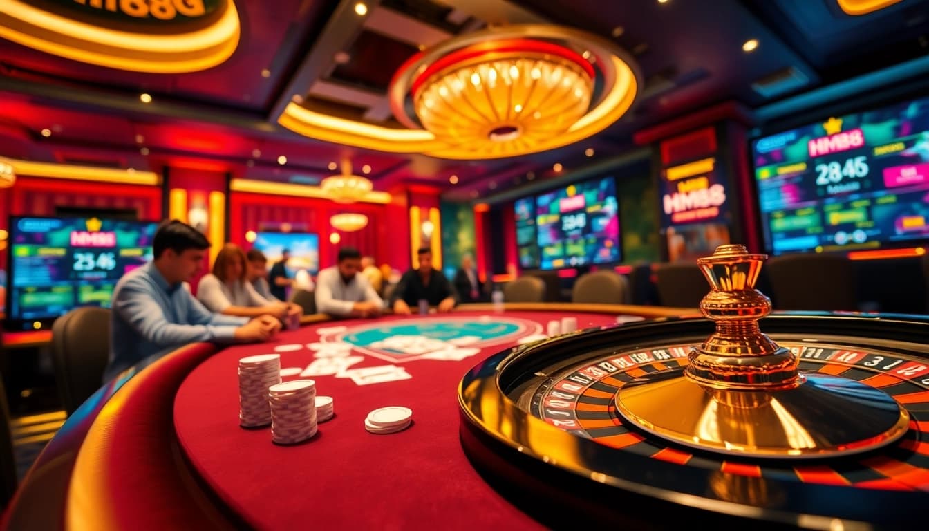 Players enjoying a thrilling poker game at an hm88 casino with vibrant chips and cards.