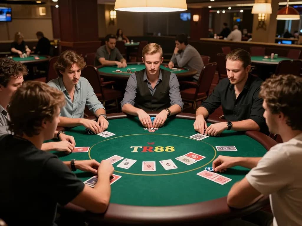 Tr88 chính thức poker game surrounded by engaged players, showcasing strategic decision-making.