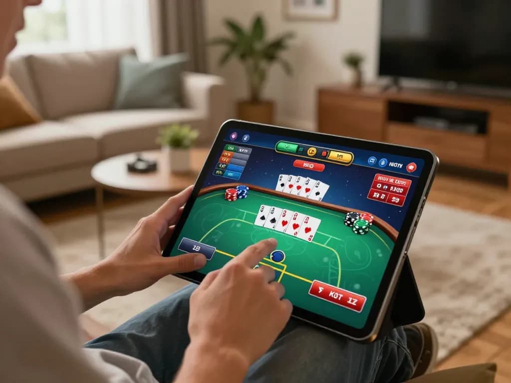 Player enjoying an online rikvip poker game on a tablet, showcasing engaging gameplay.