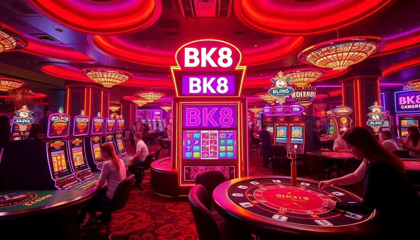 Excited players enjoying the BK8 slot machine at a luxurious casino scene.