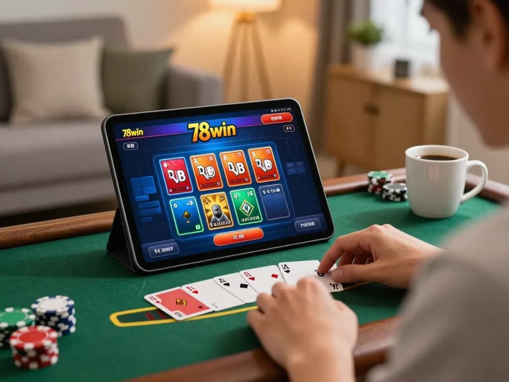 Player engaging with the live dealer blackjack game on the 78win app in a cozy home setting.