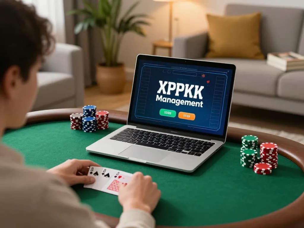 Fly88 player analyzing poker strategy while gaming online from home in a cozy setting.