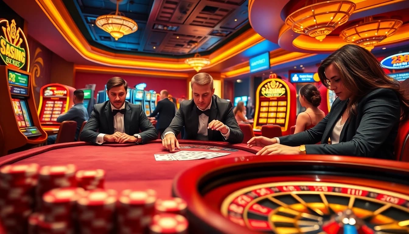 Experience the thrill of gambling at 23win, showcasing poker gameplay and vibrant slots in a luxurious casino setting.