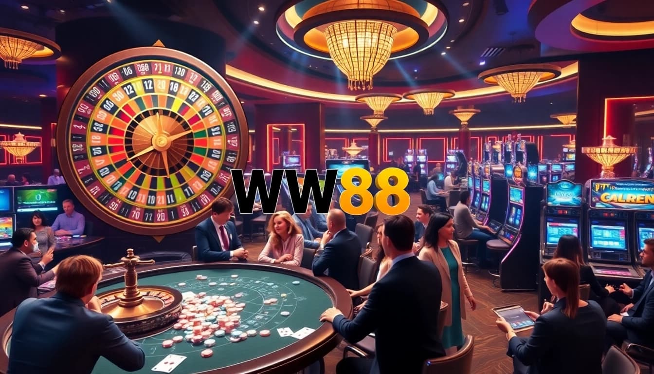 WW88 casino scene with diverse players engaging at tables and slot machines