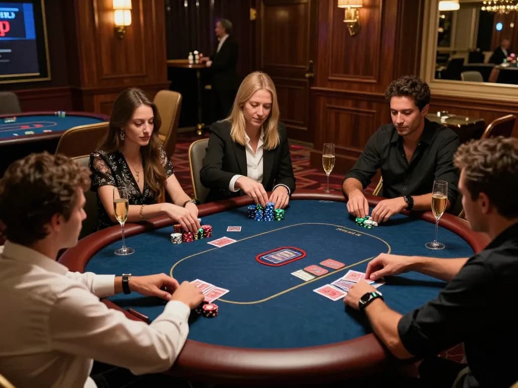 B52 players engaged in high-stakes poker in a luxurious casino VIP area.