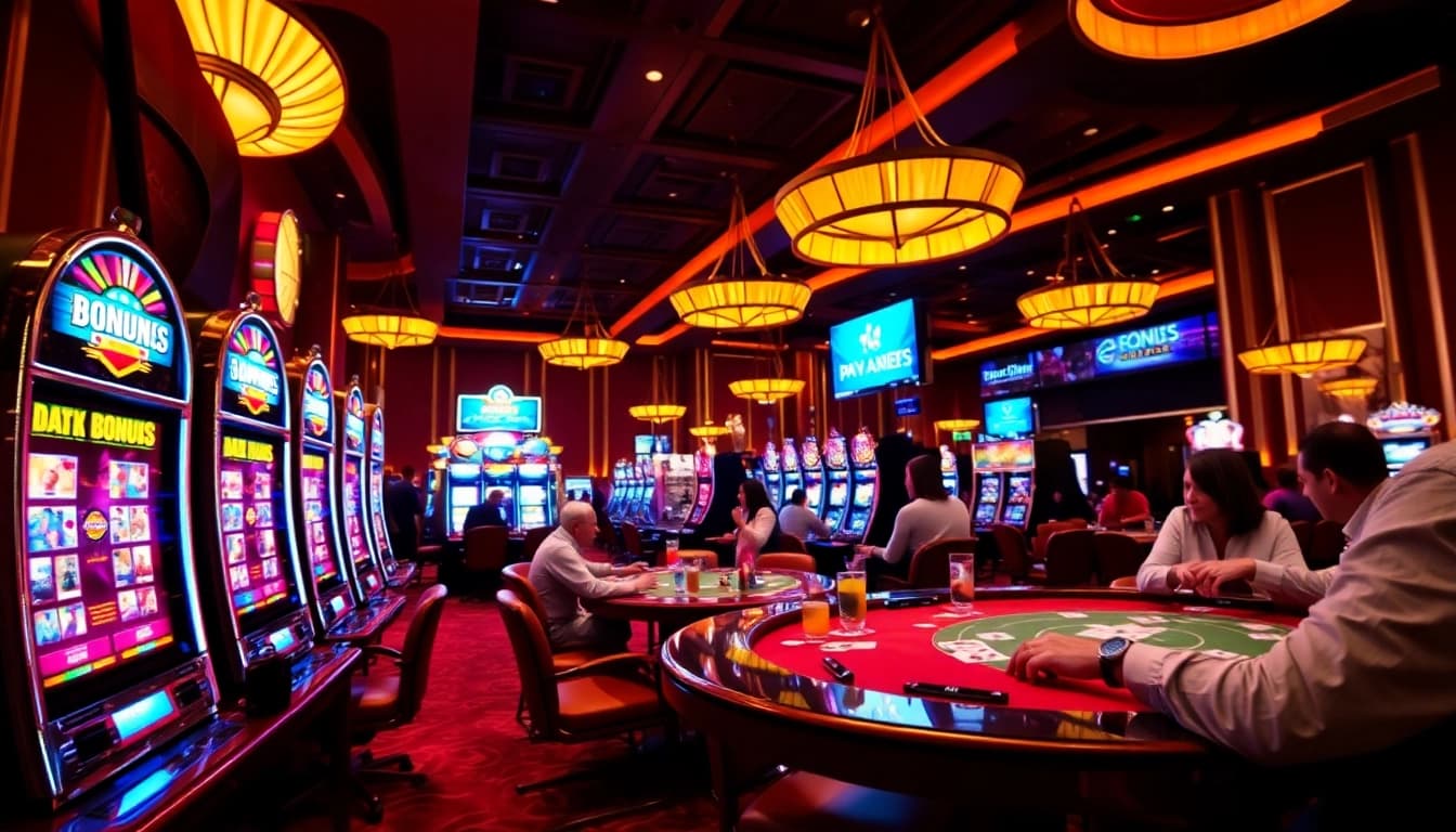 Experience the thrill of casino bonuses with vibrant gaming action in a luxurious setting.