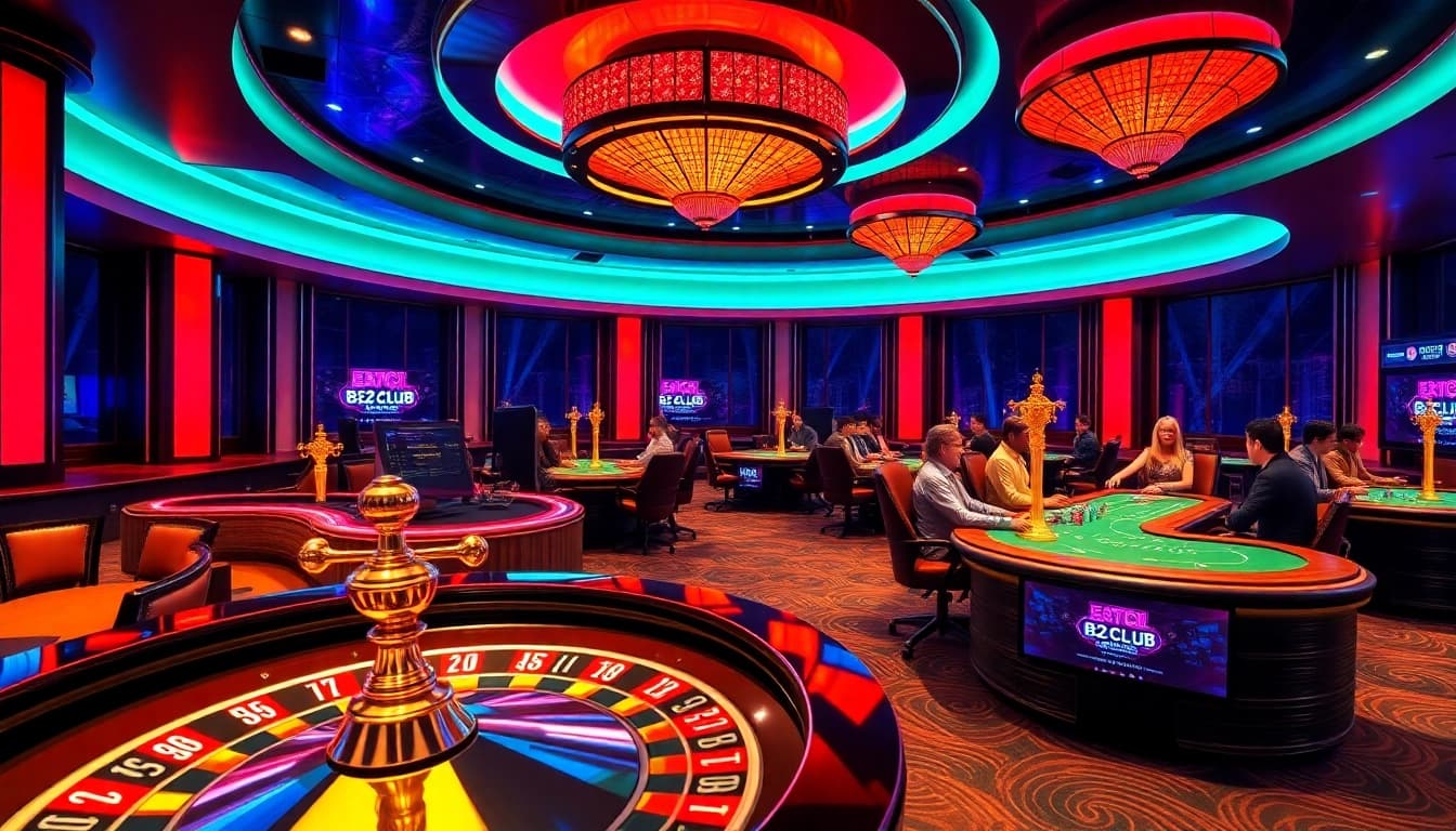 Players enjoying poker and roulette at B52CLUB in a luxurious casino setting.