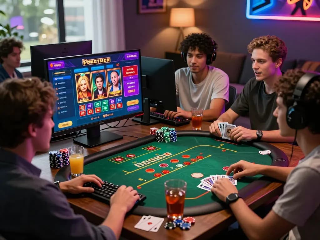 Diverse friends enjoying online gaming at https://kuwincom.net/ showcasing a lively atmosphere with vibrant casino graphics and gaming paraphernalia.