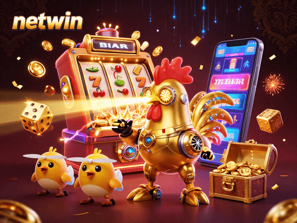 Experience the thrill of netwin with a futuristic casino scene, featuring a golden rooster robot and dynamic game elements.