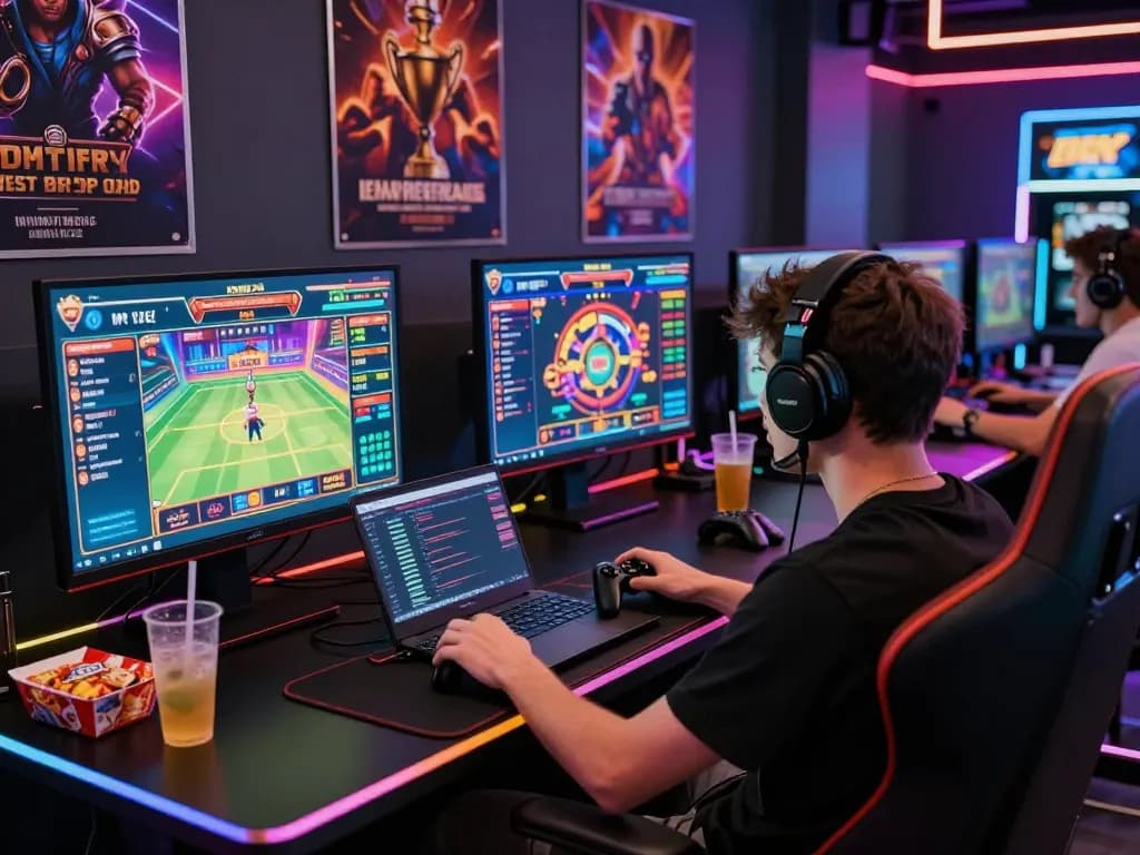 Engaged gamer enjoying af88 vip experience with multiple screens and vibrant game displays.