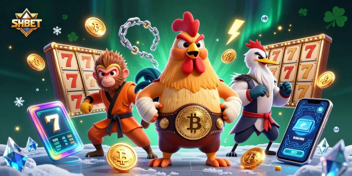 Experience thrilling gaming at SHBET, featuring lively Muay Thai rooster and Shaolin monkey characters amidst colorful slot reels.