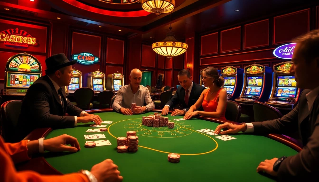 Exciting poker game featuring C 168's luxury chips and cards in a vibrant casino atmosphere.