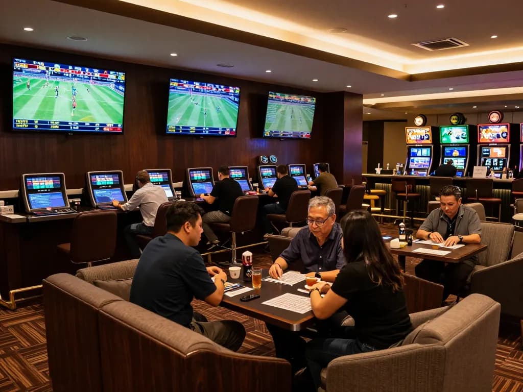 Experience tỷ lệ kèo trực tuyến in a lively sports betting lounge with patrons engaged in excitement and competitive betting.